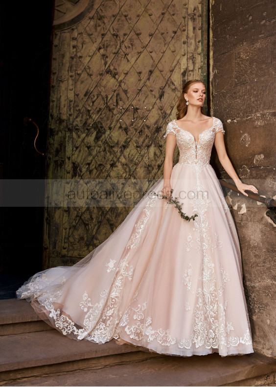 Cap Sleeves Beaded Blush Lace Tulle Gorgeous Wedding Dress